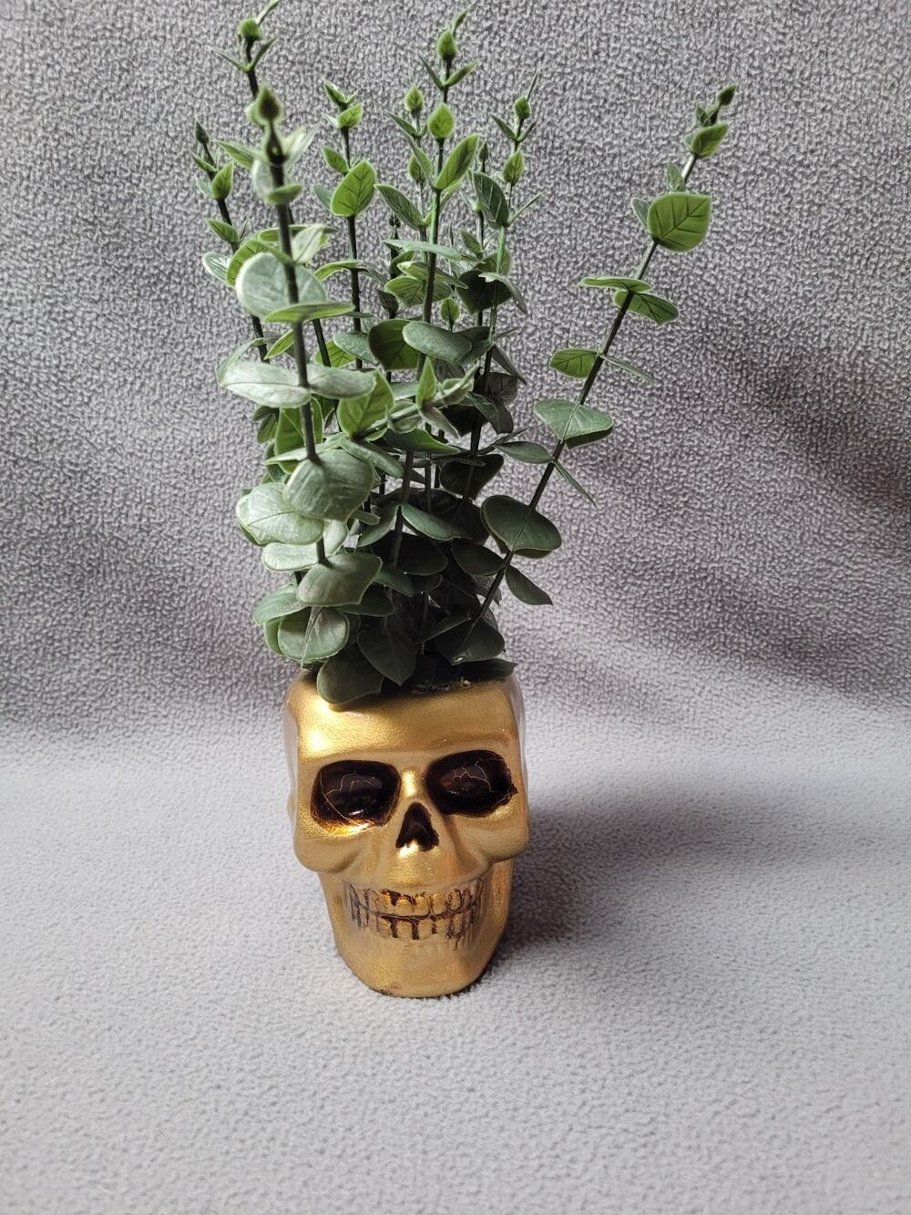 Gold Skull Halloween Gothic Artificial Plant Decor Succulent 12”